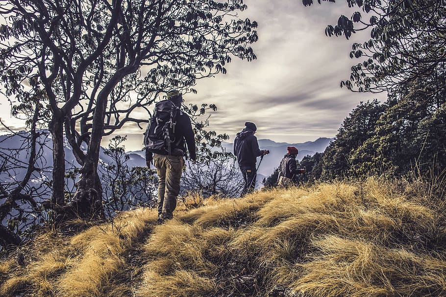 Three People Hiking on High Mountain, backpack, clouds, cloudy sky HD wallpaper