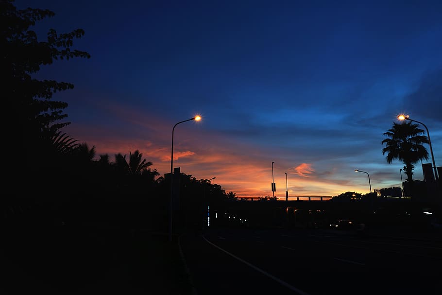 china, haikou, sunset, street light, sky, illuminated, lighting equipment HD wallpaper