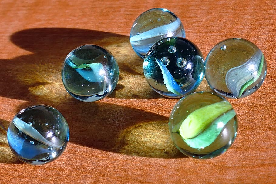 Six Blue and Green Marbles on Brown Surface, balls, fun, games HD wallpaper