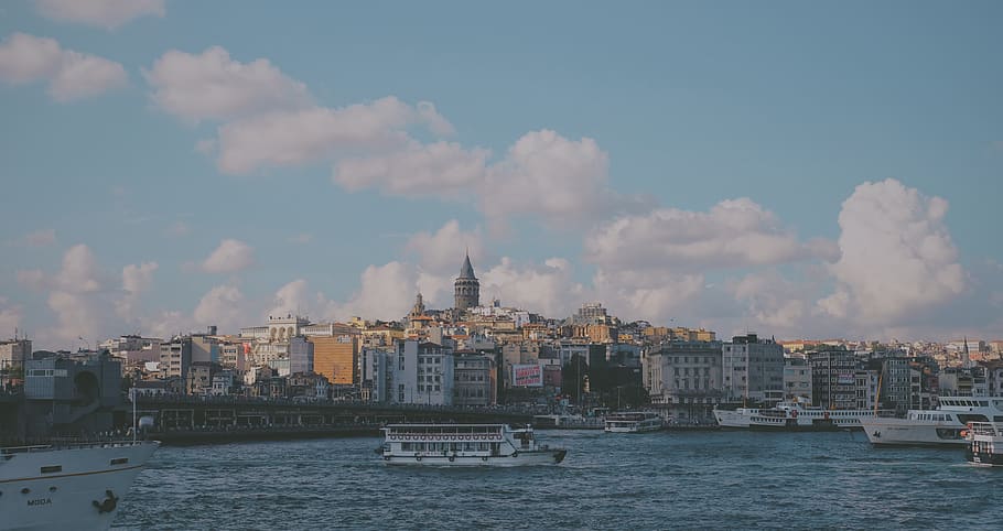 turkey, eminönü, cloudy, istanbul, sea, city, ferry, ferryboat, HD wallpaper