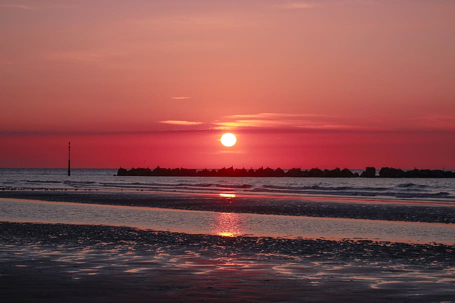 france, dunkirk, beach, red, sun, sea, sunset, water, sky, scenics - nature HD wallpaper