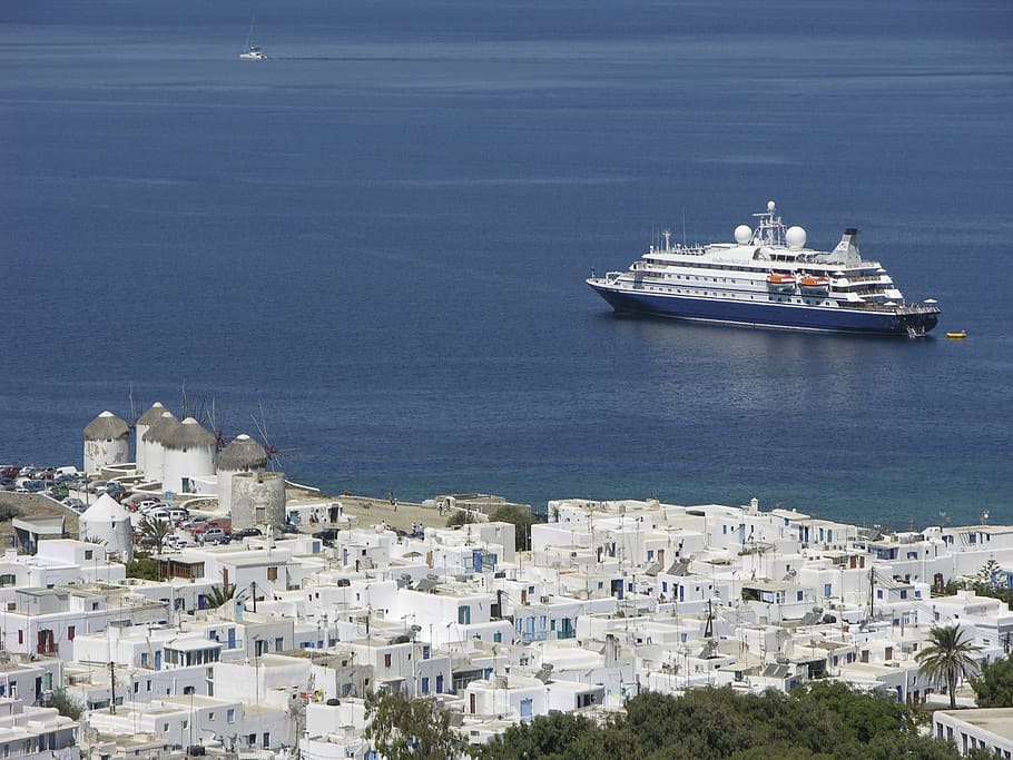 ship, cruise, yacht, mykonos, greece, vessel, seadream yacht club, HD wallpaper