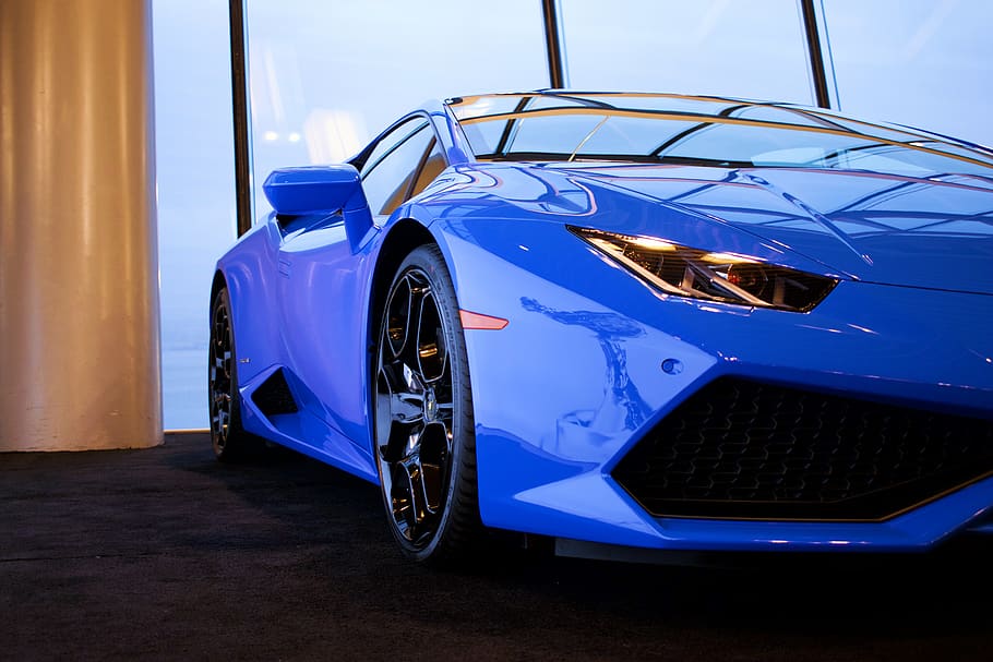 A blue parked car., lamborghini, auto, wallpaper, auto show, mode of transportation HD wallpaper