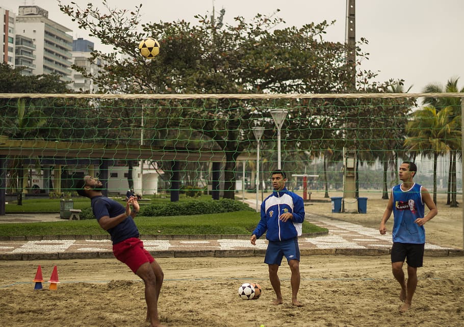 Three Man Playing Volleyball, athletes, game, men, people, players HD wallpaper