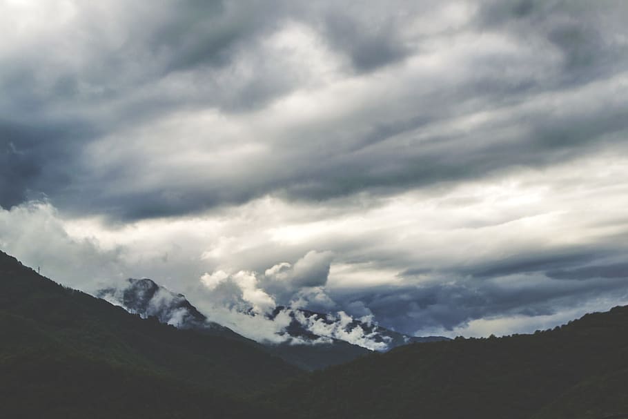 mountains, trees, clouds, nature, sky, cloud - sky, scenics - nature HD wallpaper