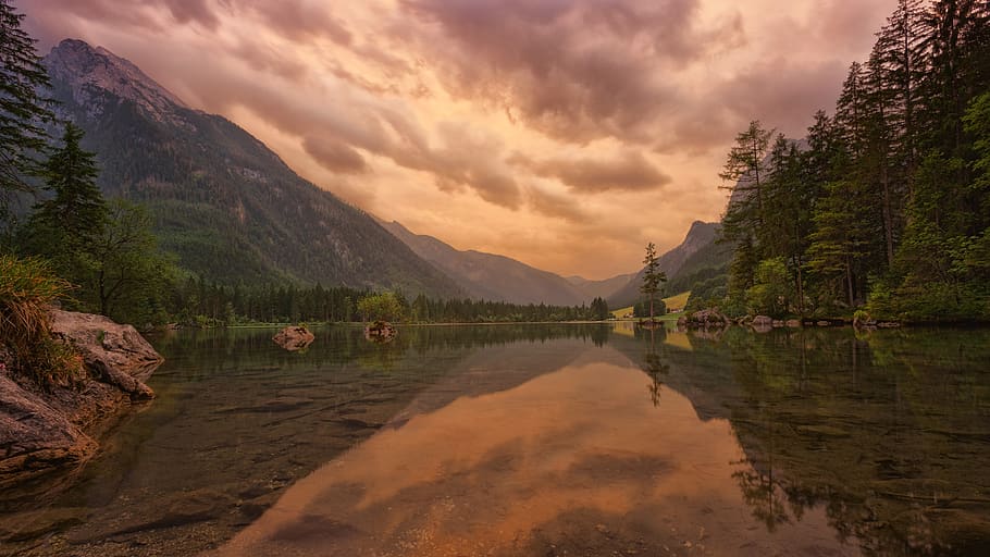hintersee, lake, evening, clouds, sky, nature, landscape, mountains HD wallpaper