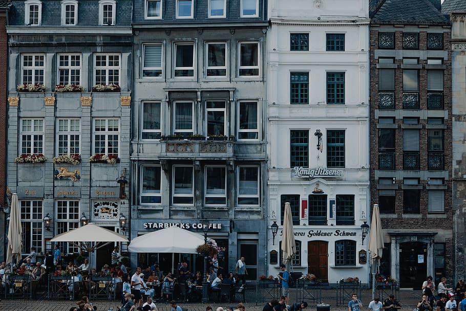 buildings, structure, architecture, starbucks, street, people HD wallpaper