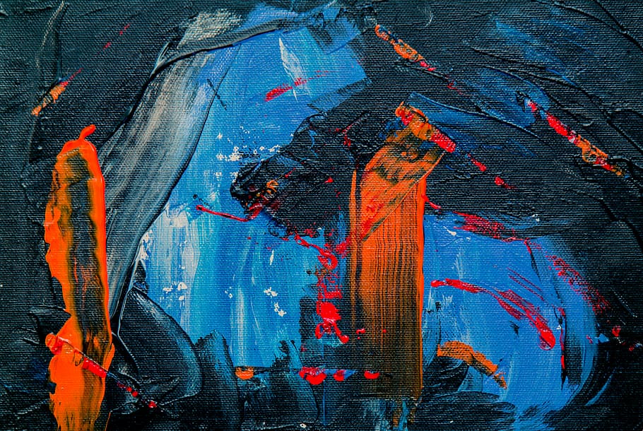 blue, black, and orange abstract painting, art, united states, HD wallpaper