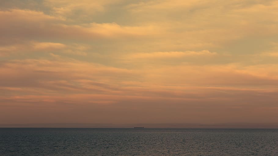 sea, clouds, sun, sunset, blue, ship, orange, ocean, beach HD wallpaper