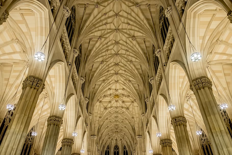 ceiling, cathedral, church, construction, pillars, lighting HD wallpaper