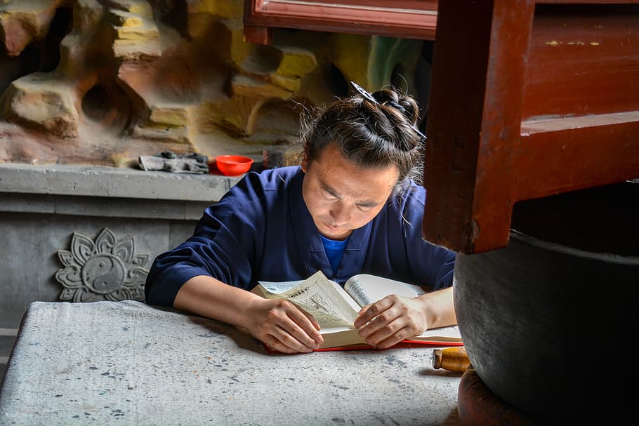 china, beijing, read, monk, temple, jinjang, book, one person HD wallpaper