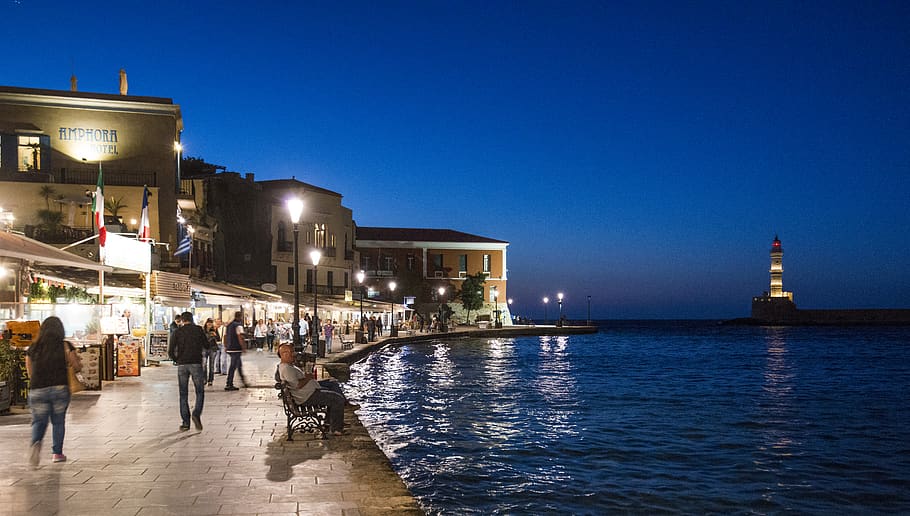 greece, chania, harbour, harbor, venetian, lighthouse, crete, HD wallpaper