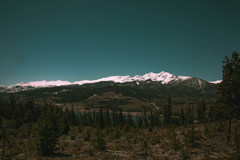 lake, mountains, snow, forest, trees, landscape, mountain range HD wallpaper