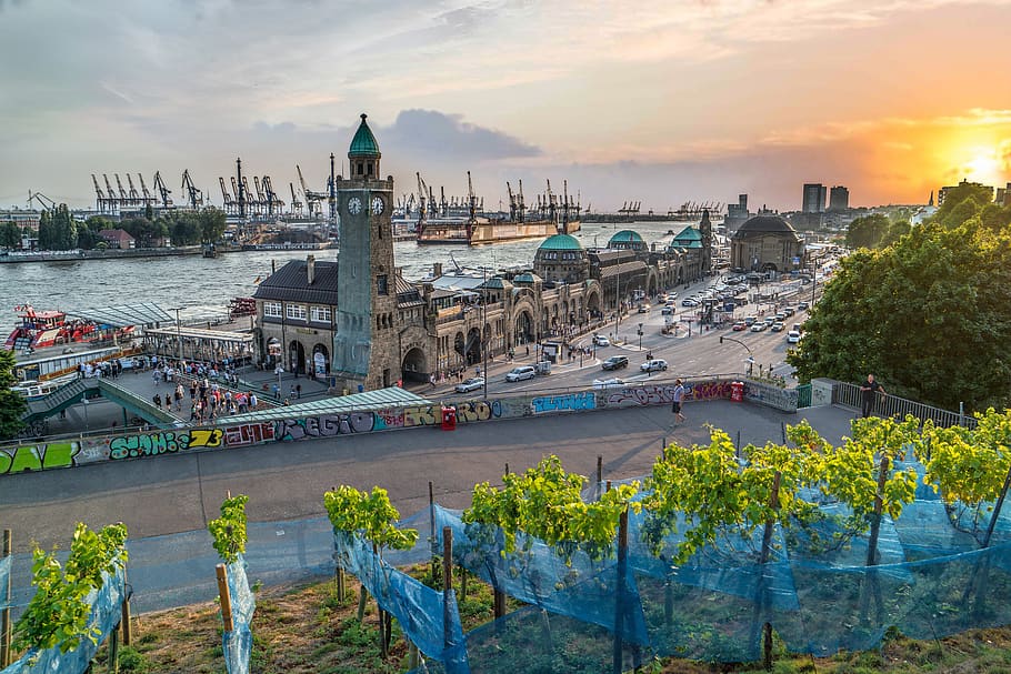 hamburg, sunset, port, st pauli, elbe, architecture, built structure