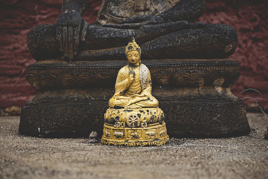 still, items, things, statue, buddha, gold, miniature, wood HD wallpaper
