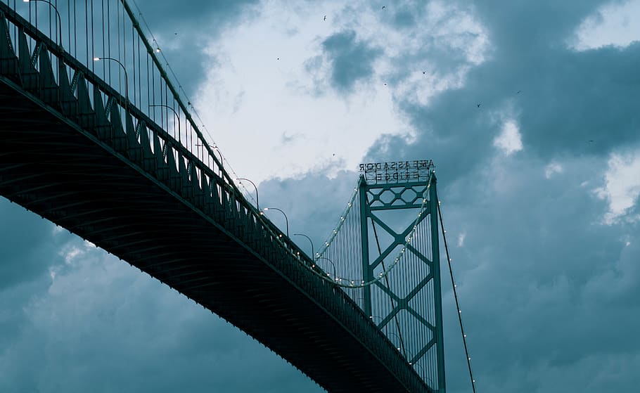 black suspension bridge, cloud - sky, bridge - man made structure HD wallpaper