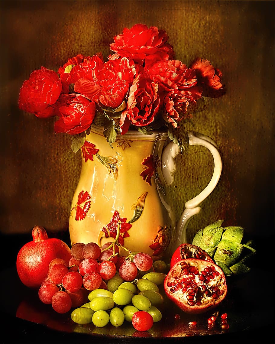 Red Petaled Flowers in White Red Floral Ceramic Vase Beside Red and Green Grapes, HD wallpaper
