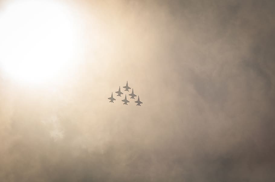 sky, clouds, sun, airplanes, jets, fighters, airforce, flying HD wallpaper