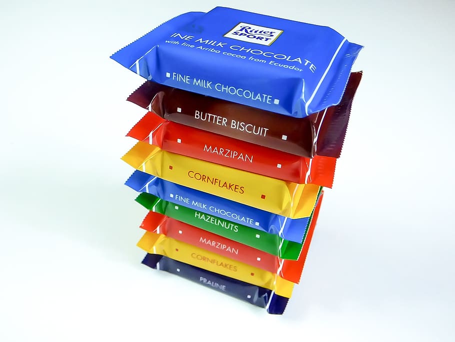 Pile of Food Packs, chocolates, colorful, colourful, motley, ritter sport, HD wallpaper
