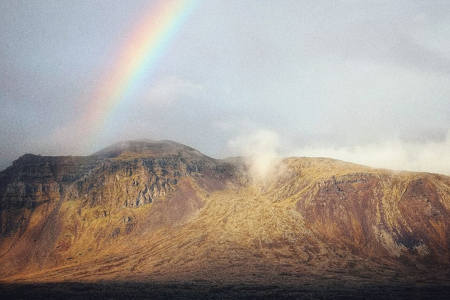 mountains and rainbow, nature, outdoors, art, painting, plateau HD wallpaper