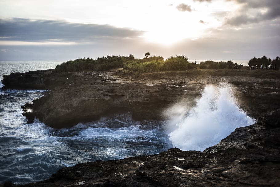 indonesia, lembongan island, waves, cliffs, sun, sunset, sea HD wallpaper