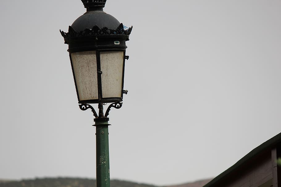 turned off lamp, lamp post, lampshade, railing, tire, machine HD wallpaper
