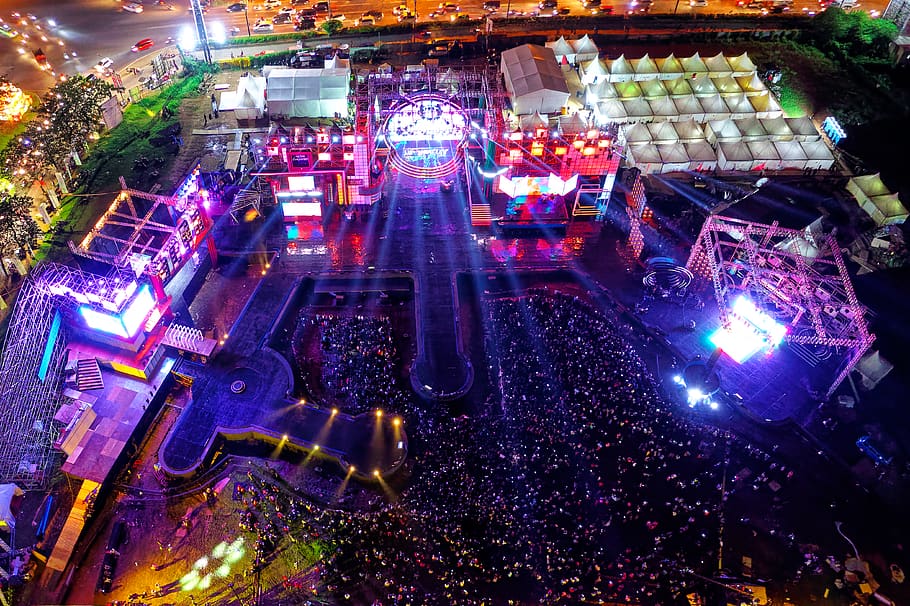 Aerial View of Concert on Grounds, audience, band, blur, celebration