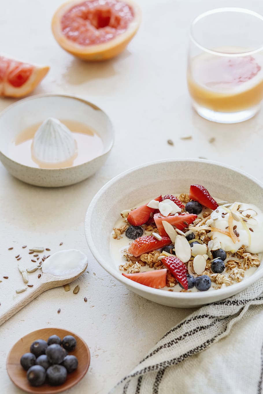 salad on bowl, food, egg, breakfast, plant, fruit, yogurt, spoon HD wallpaper