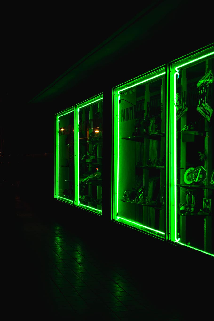 puerto rico, ponce, green lights, neon lights, night, bright, HD wallpaper