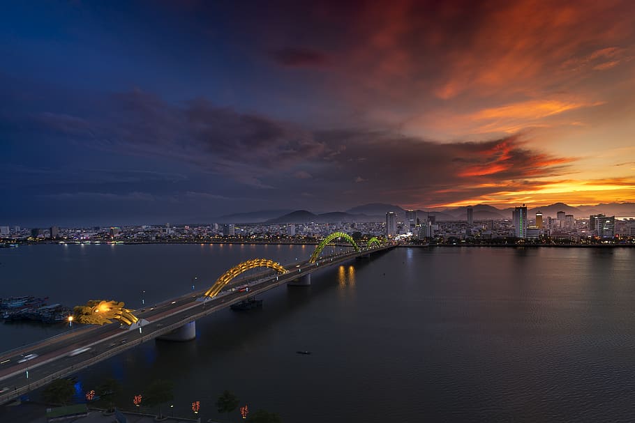 Lighted Concrete Bridge, architecture, backlit, buildings, city HD wallpaper