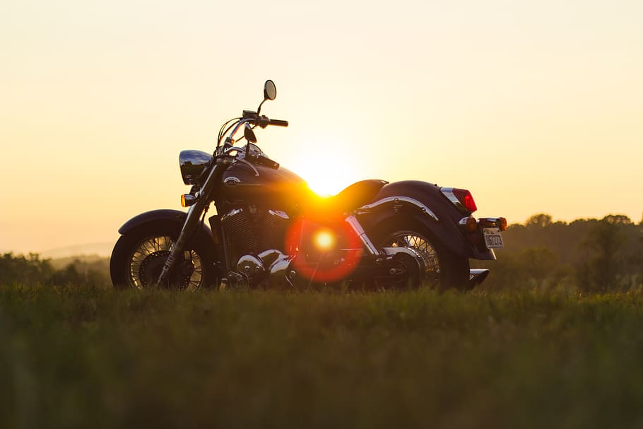 Black Cruiser Motorcycle Parked on Grassfield, daylight, motorbike