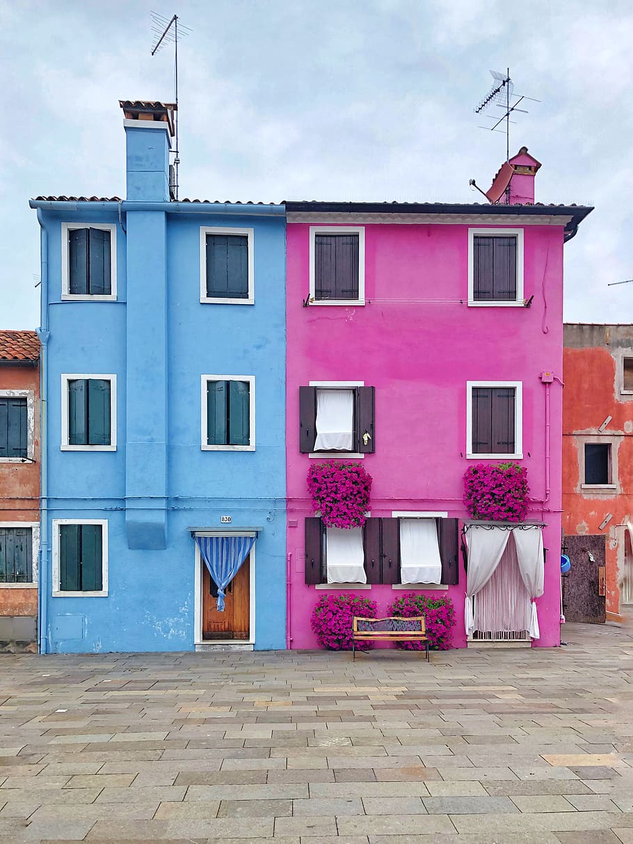 two pink and blue 3-storey houses, building exterior, architecture, HD wallpaper