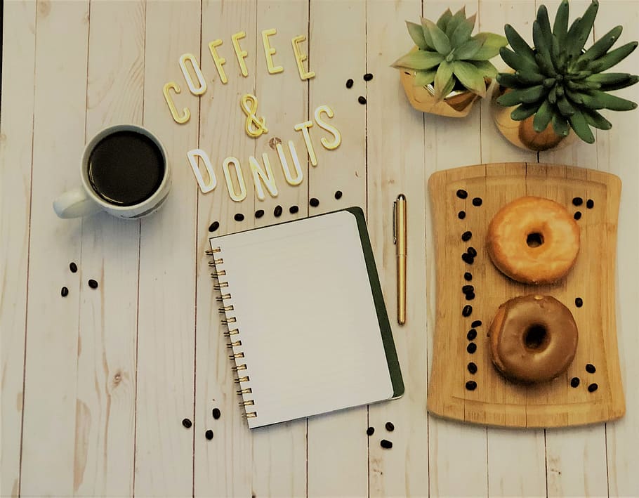 Spiral Notebook Beside Pen and Plants, art, coffee, coffee beans HD wallpaper