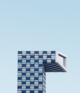 blue and white building, sky, architecture, window, skyscraper HD wallpaper