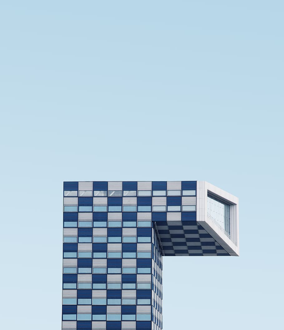 blue and white building, sky, architecture, window, skyscraper HD wallpaper