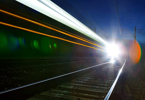 train, light, background, speed, movement, night, trails, fast HD wallpaper