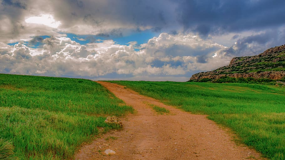 path, landscape, nature, scenery, dirt road, spring, sky, clouds HD wallpaper