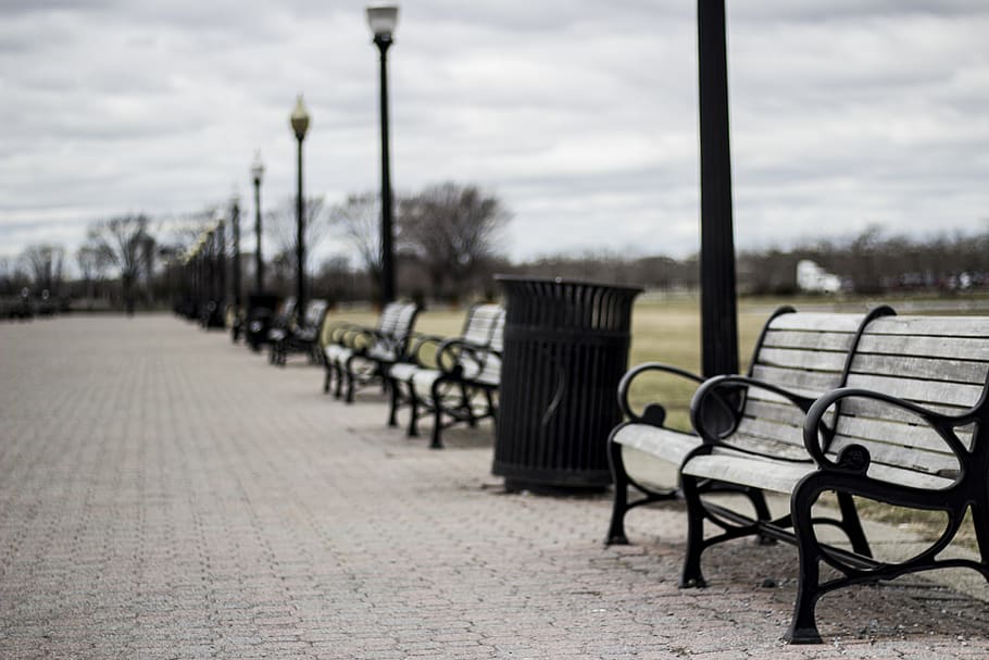 empty grey bench under grey clouds, seat, chair, absence, no people HD wallpaper