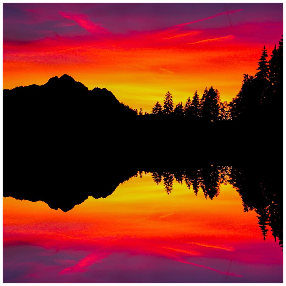 sunset, mountain, tree, mirror, silhouette, sky, reflection HD wallpaper