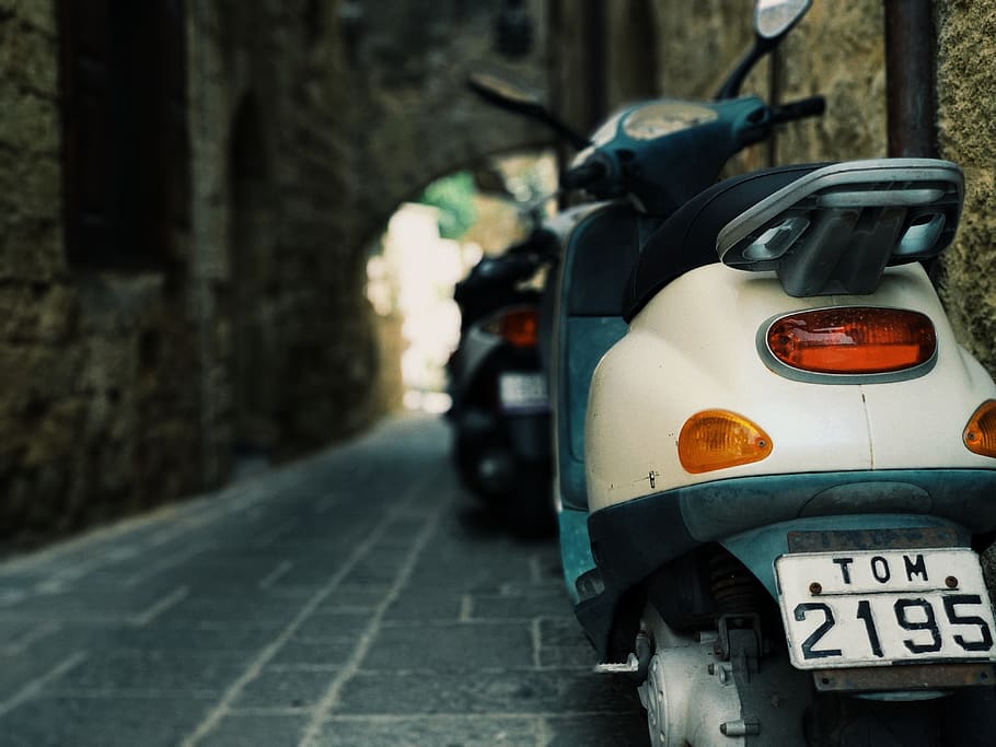 white and teal motorcycle, vespa, motor scooter, transportation HD wallpaper