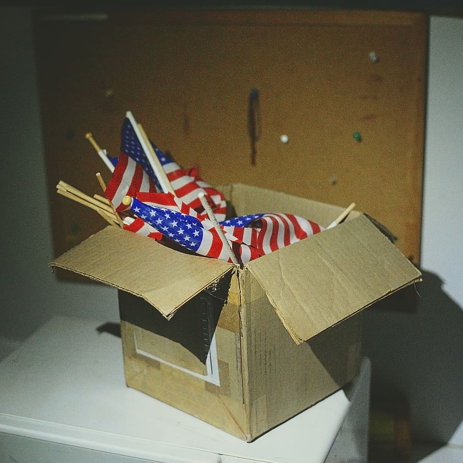 usa, discarded, american, flags, miniature, small, box, trash HD wallpaper