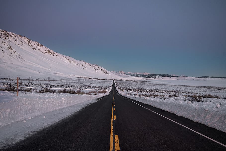 black concrete road, direction, the way forward, snow, cold temperature HD wallpaper
