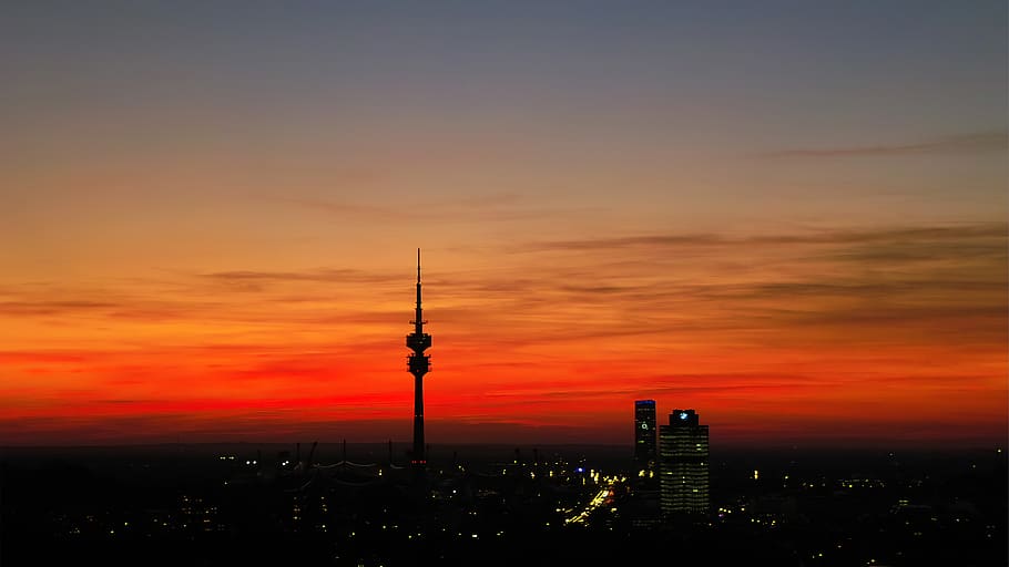 munich, evening sky, olympia tower, panorama, dusk, sunset, HD wallpaper