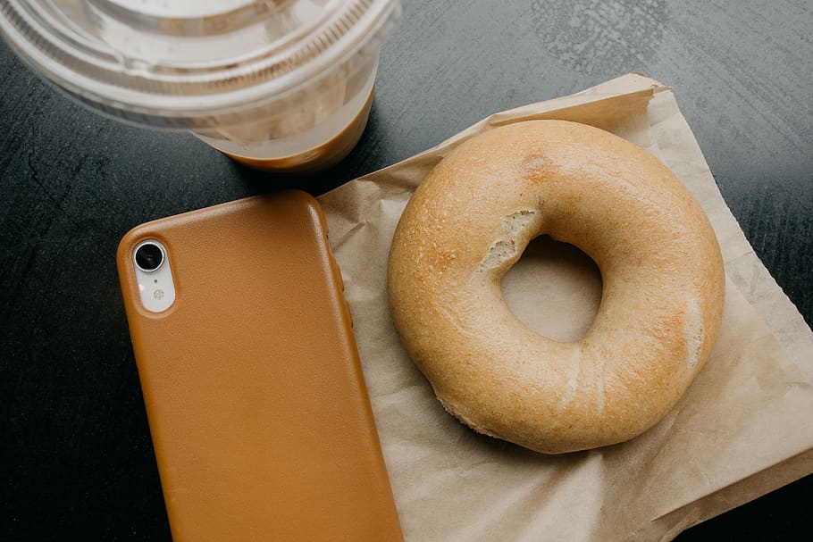 donut beside brown smartphone, food, bread, mobile phone, cell phone, HD wallpaper
