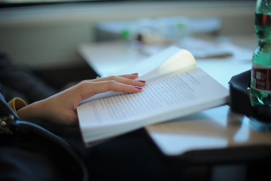 Woman Reading Her Notes, adult, blur, bottle, composition, desk HD wallpaper