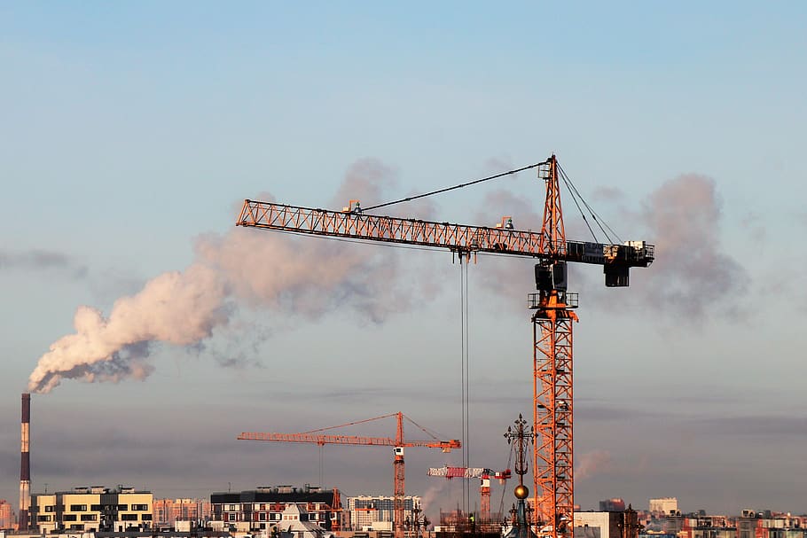 city, crane, construction, sky, smoke, trumpet, building, house HD wallpaper