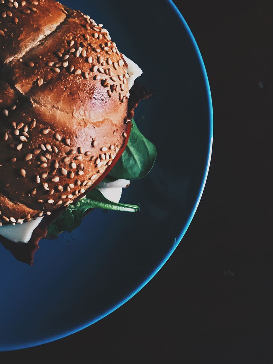 Burger on Blue Ceramic Plate, bread, bun, close-up, dark, delicious HD wallpaper