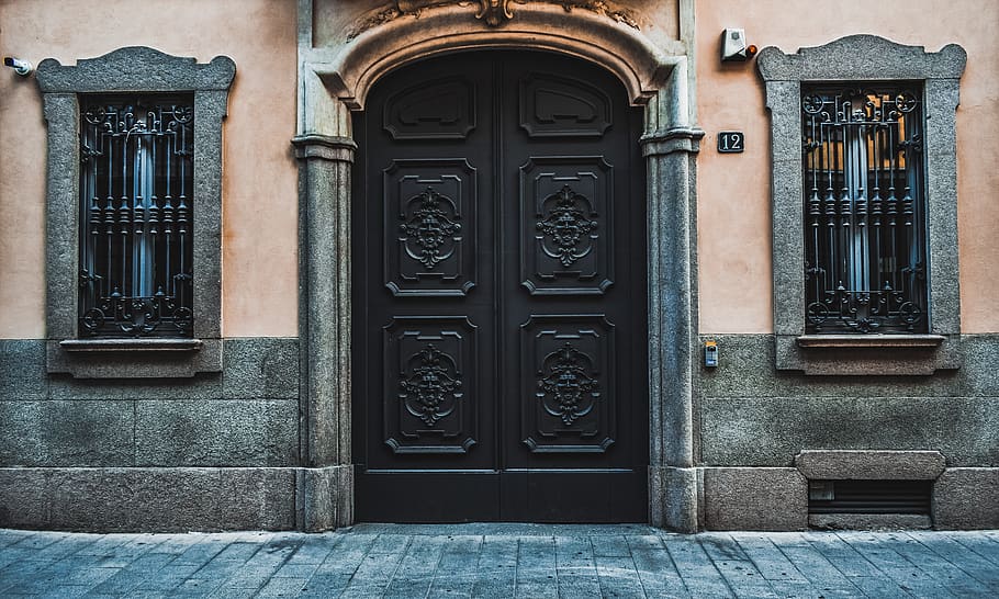 door, windows, architecture, entrance, exterior, facade, building HD wallpaper