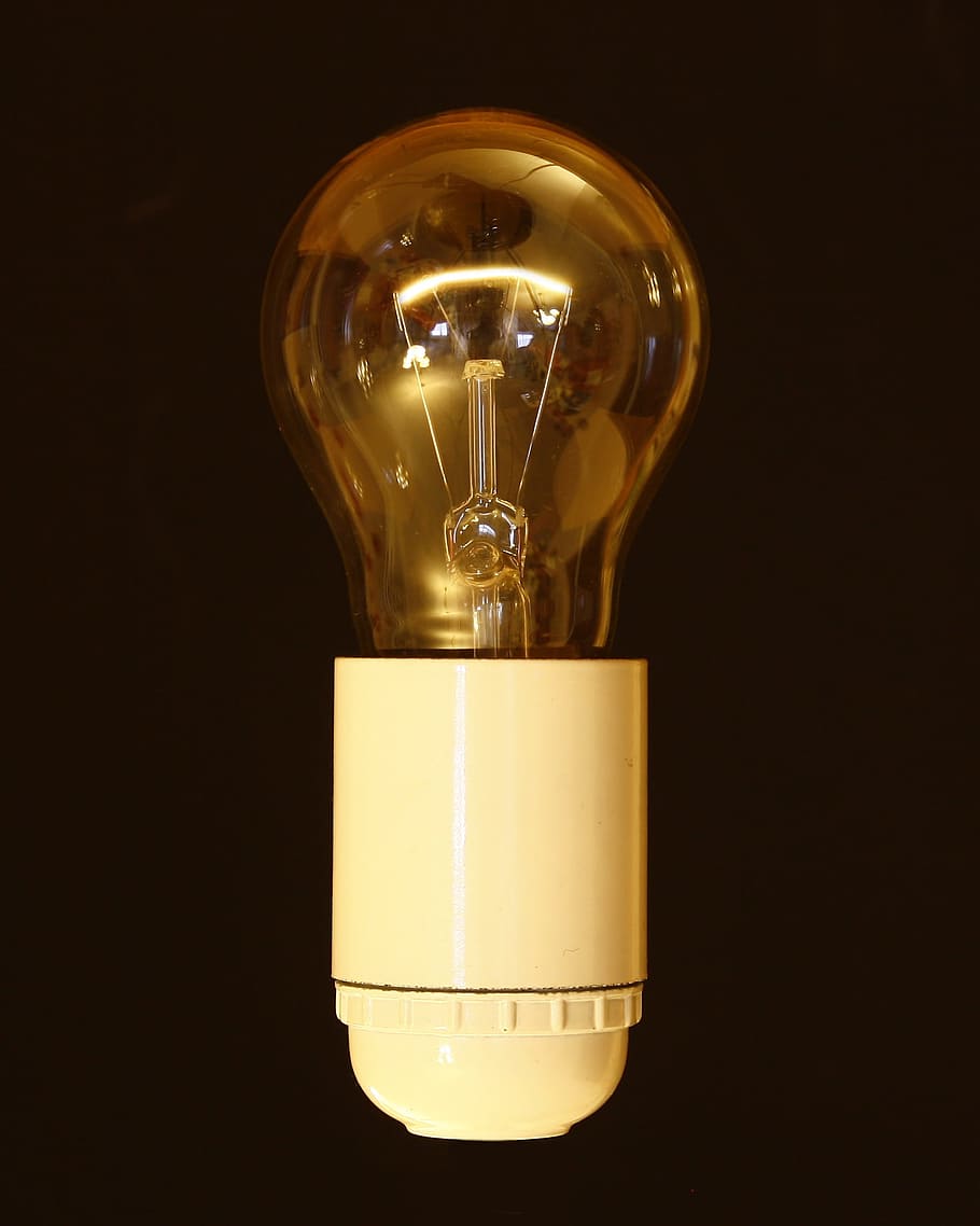 Incandescent Bulb, bright, clear, close-up, current, dark, e27 HD wallpaper