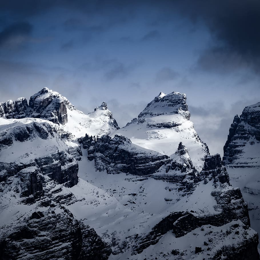 snow-capped mountains, sky, winter, shadow, light, cloud, nature HD wallpaper